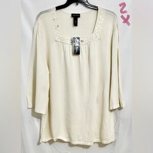 Maggie Barnes Cream Embellished Tunic with Bib Collar
